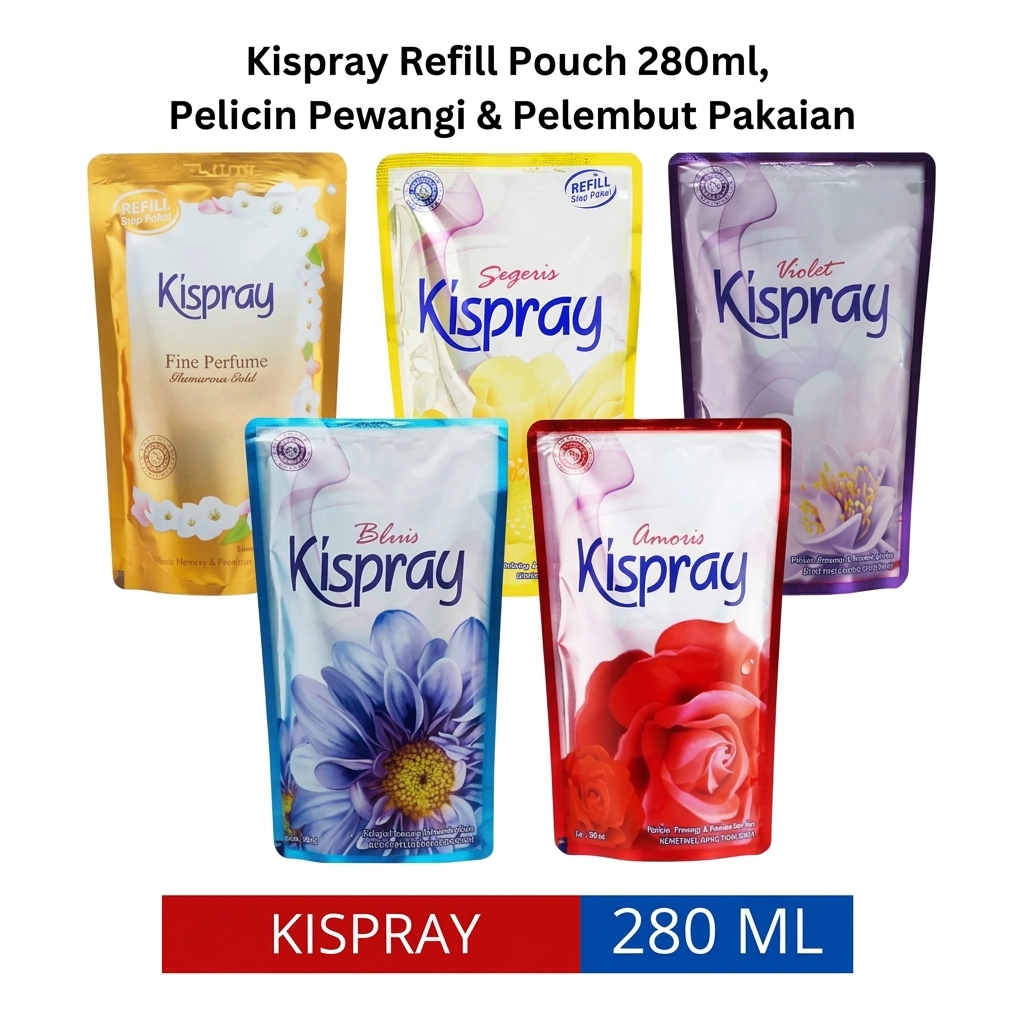 Kispray Refill Pouch 280ml - Ironing Spray Pelicin Pewangi Pelembut Pakaian Baju Amoris Bluis Segeris Violet Gold