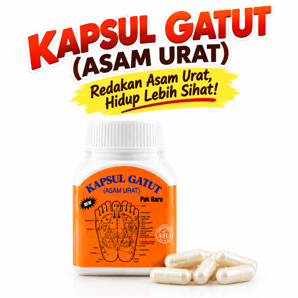 Kapsul Gaut Oren Asam Urat Original | Ubat Sakit Sendi & Gaut Tradisional (30 Kapsul)