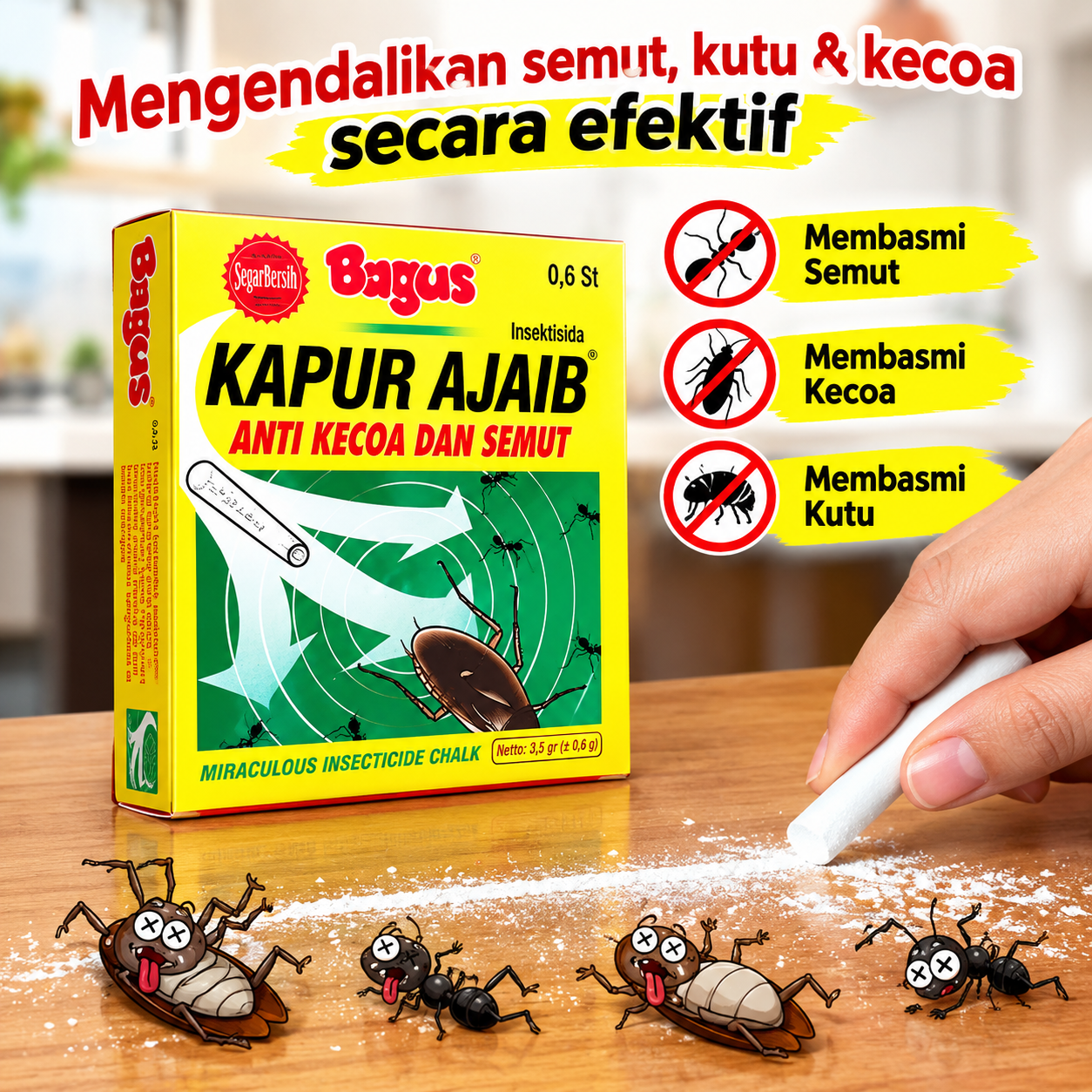 Bagus Kapur Ajaib Anti Kecoa Semut & Kutu Efektif - Kapur Semut Isi 1 Box 12 Batang Original